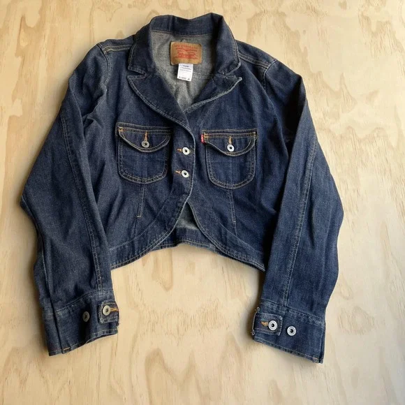 Y2K Levi's Jacket Juniors X-Large Blue Jean Denim Cropped Button Front Blazer - Picture 1 of 8